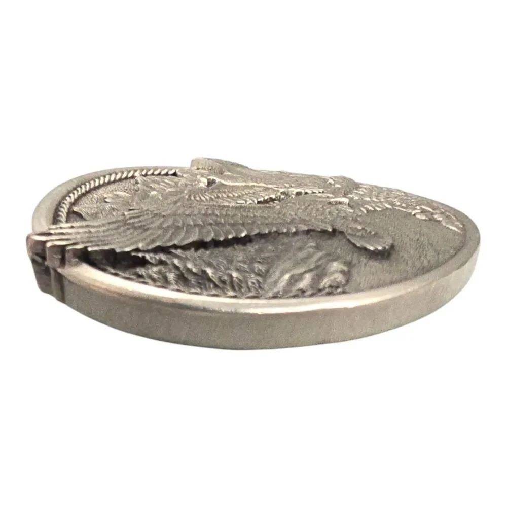 Eagle Belt Buckle Oval Pewter Flying Spreading Wings Mountain Scene by Heritage